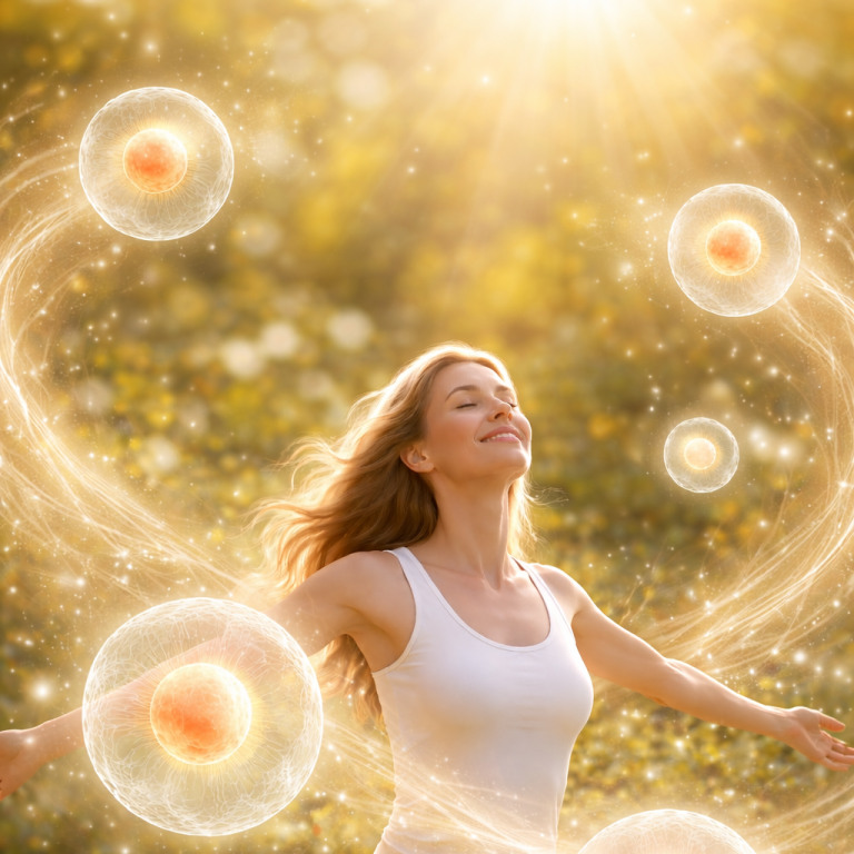 Frau mit offenen Armen, umgeben von leuchtenden, schwebenden Energiebällen im Sonnenlicht.