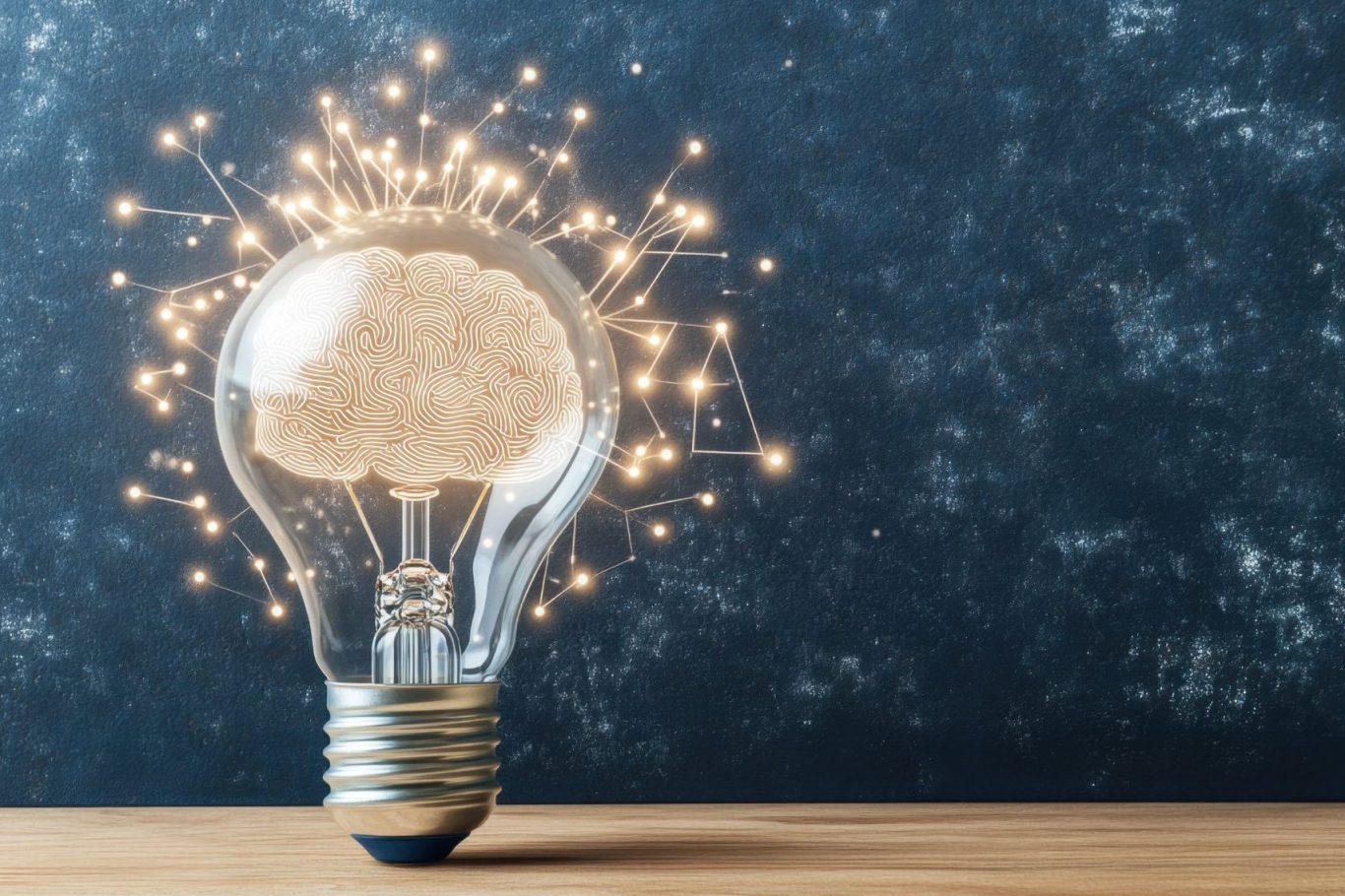 Glühbirne mit funkelnden Lichtern vor einem dunklen Hintergrund.