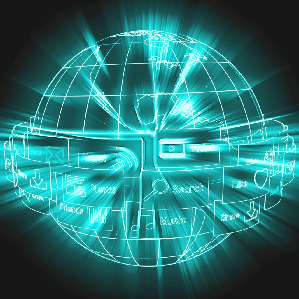 Leuchtende, futuristische Glaswelt mit technischen Symbolen und Effekten.