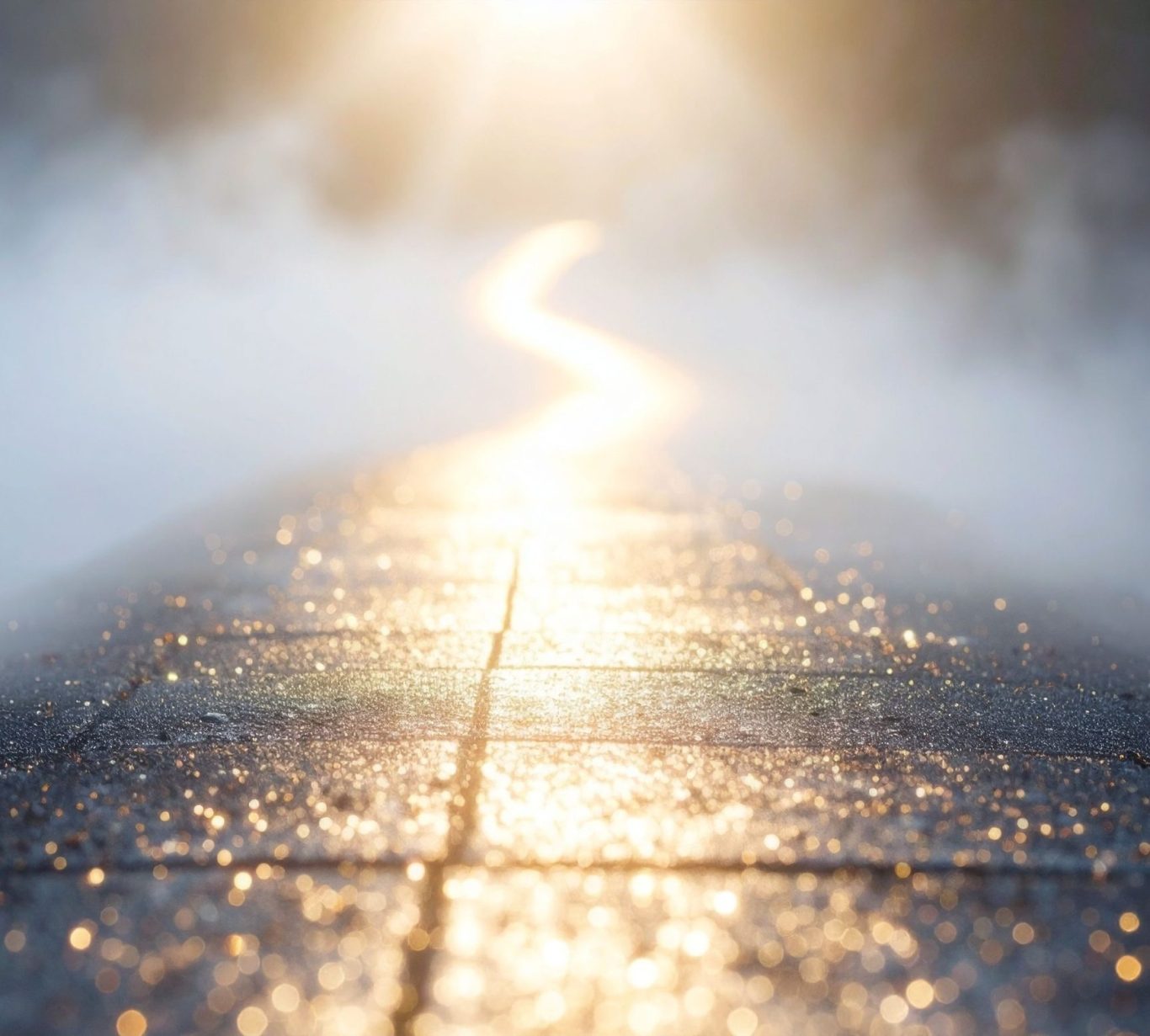 Wähle deinen Weg zu mir Ein schmaler, von Nebel umgebener Weg mit glänzendem Boden und sanfter Beleuchtung.