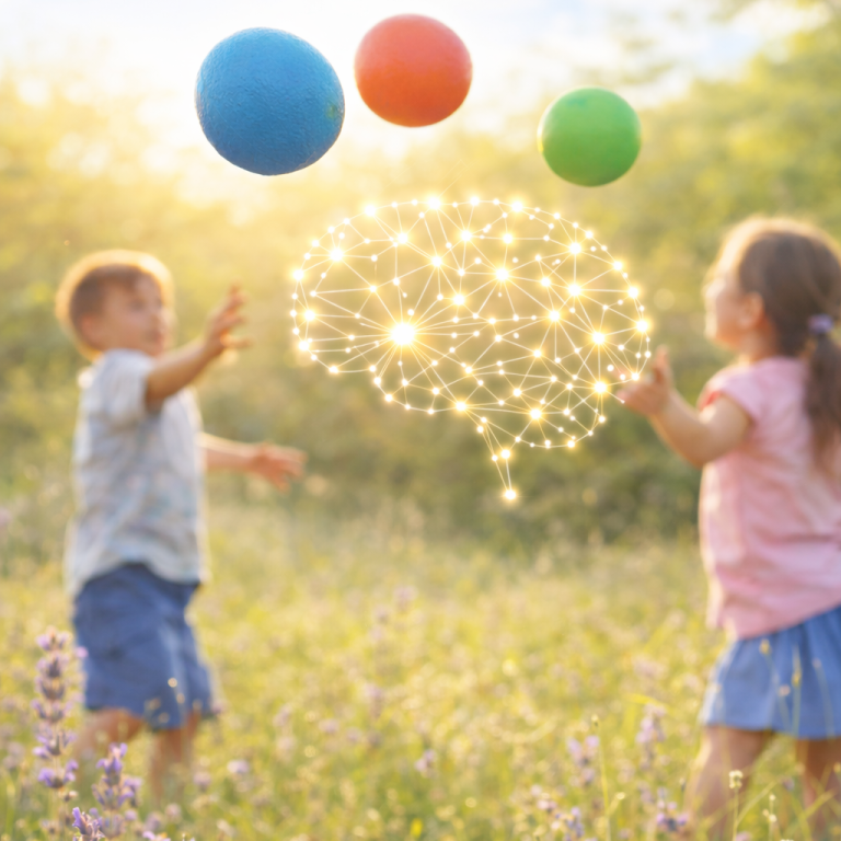 Zwei Kinder spielen im Freien mit bunten Bällen in einer blühenden Wiese.