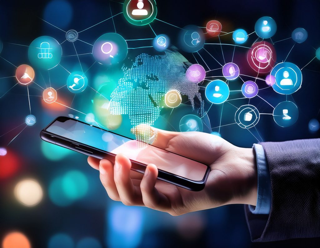 Hand hält Smartphone mit digitalen Netzwerkverbindungen und Symbolen im Hintergrund.