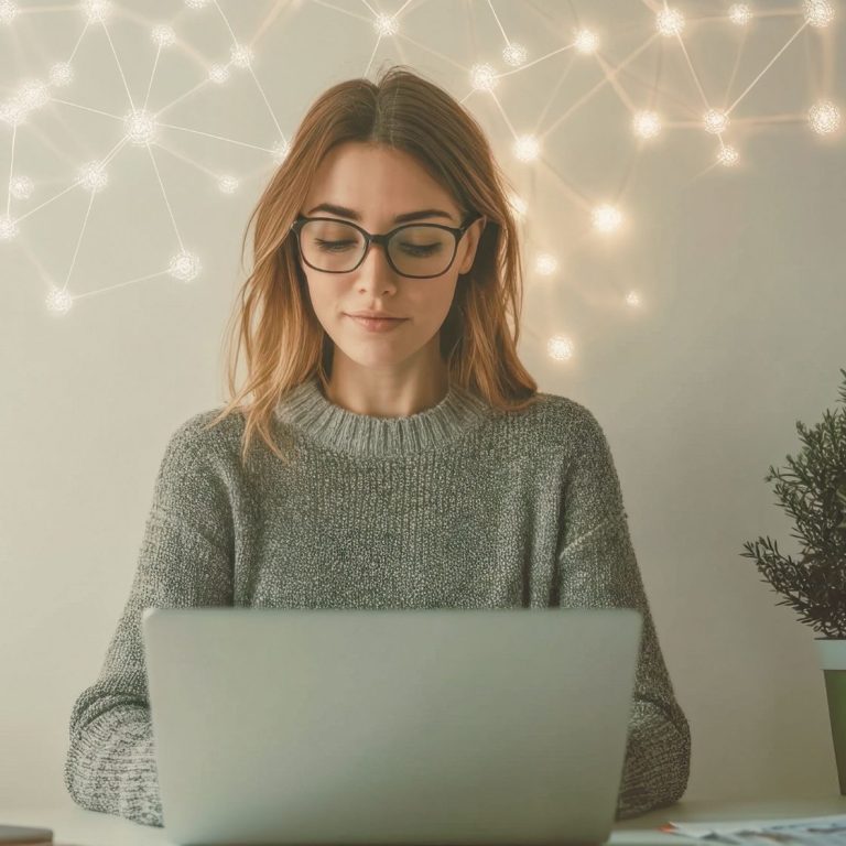 Junge Frau mit Brille arbeitet am Laptop vor einer wanddekoration mit Lichtern.